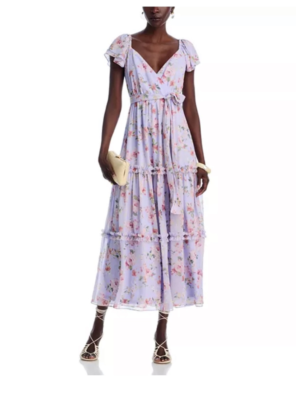 Aqua - Floral V-Neck Tiered Maxi Dress in Lavender